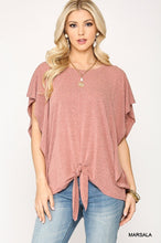 Marsala Leopard Ruffled Sleeve Jacquard Knit Jersey Top With Front Tie