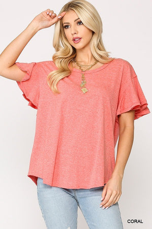 Coral Solid Round Neck Frill Sleeve Top With Scoop Hem