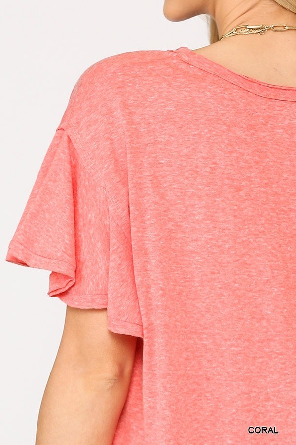 Coral Solid Round Neck Frill Sleeve Top With Scoop Hem