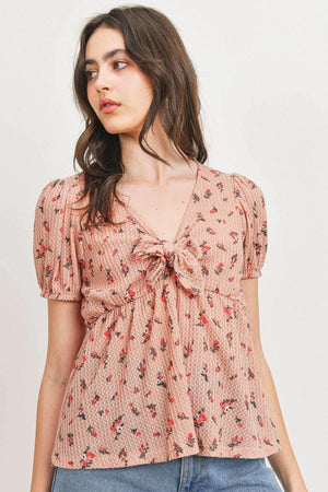 Pink Front Tie Floral Waffle Top