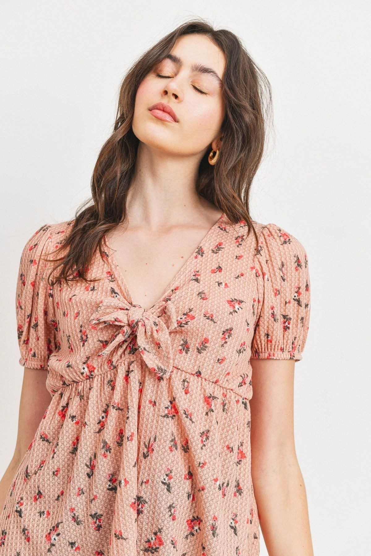 Blush Front Tie Floral Waffle Top