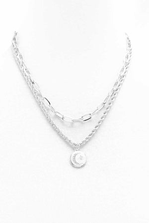 Rhodium 2 Layered Metal Chain Round Pendant Necklace