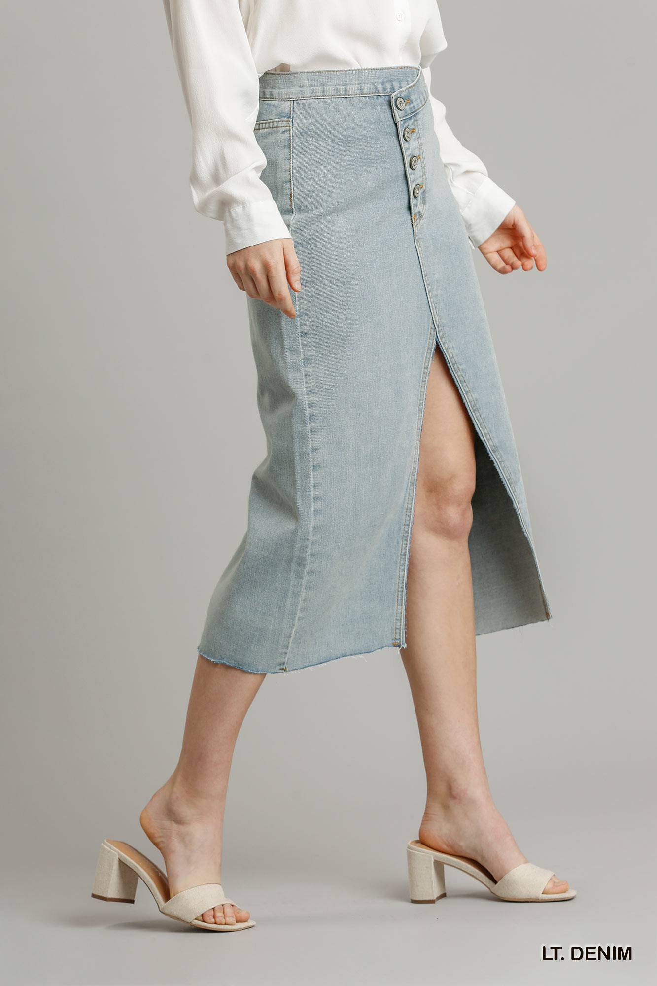 Light Denim Asymmetrical Waist & Button Up Front Split Denim Skirt With Back Pockets And Unfinished Hem