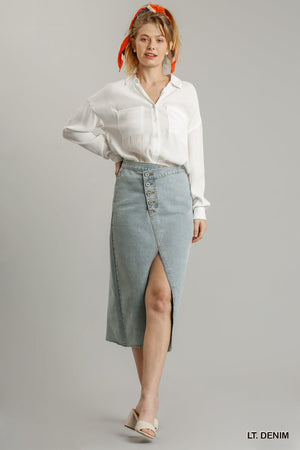 Light Denim Asymmetrical Waist & Button Up Front Split Denim Skirt With Back Pockets And Unfinished Hem