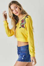 Yellow Floral Embroidered Cropped Sweatshirt