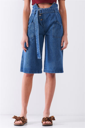 Mid Blue Denim Front Cut-out High-waist Buckle Detail Midi Flare Jean Pants with Self-tie Belt