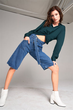 Mid Blue Denim Front Cut-out High-waist Buckle Detail Midi Flare Jean Pants with Self-tie Belt