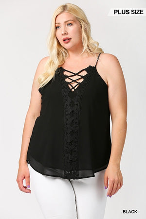 Black Plunging V-neckline Lattice Women's Top With Scalloped Lace