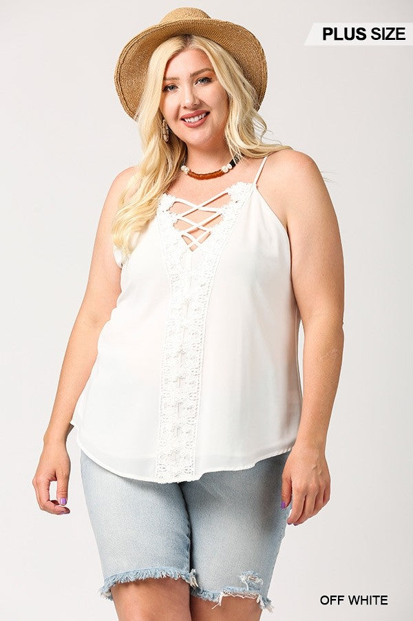 White Plunging V-neckline Lattice Women's Top With Scalloped Lace