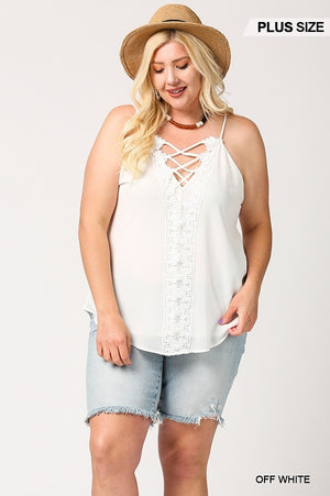 White Plunging V-neckline Lattice Women's Top With Scalloped Lace
