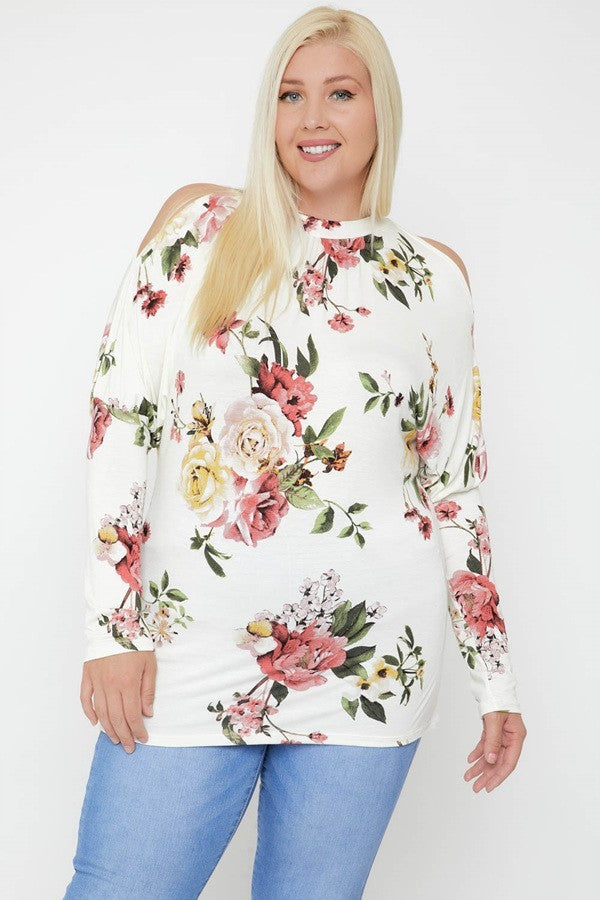 White Flattering Cutout Details Floral Print Women's Top