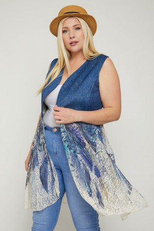 Denim Blue & Feathers Sleeveless, Long Silhouette Lace Women's Cardigan