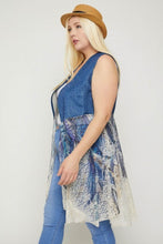 Denim Blue & Feathers Sleeveless, Long Silhouette Lace Women's Cardigan