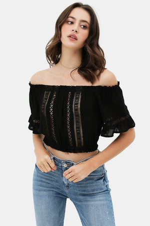Black Lace Waist Band Sleeves Cropped Top with Trim On The Front
