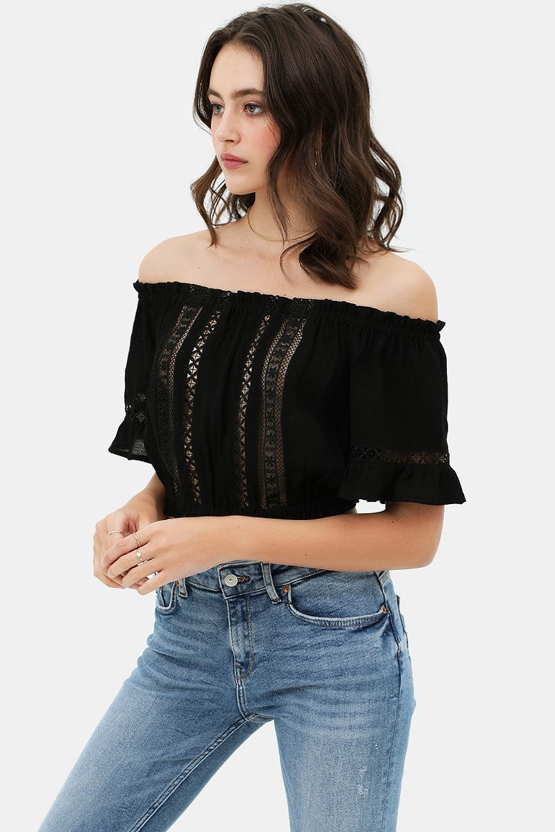 Black Lace Waist Band Sleeves Cropped Top with Trim On The Front