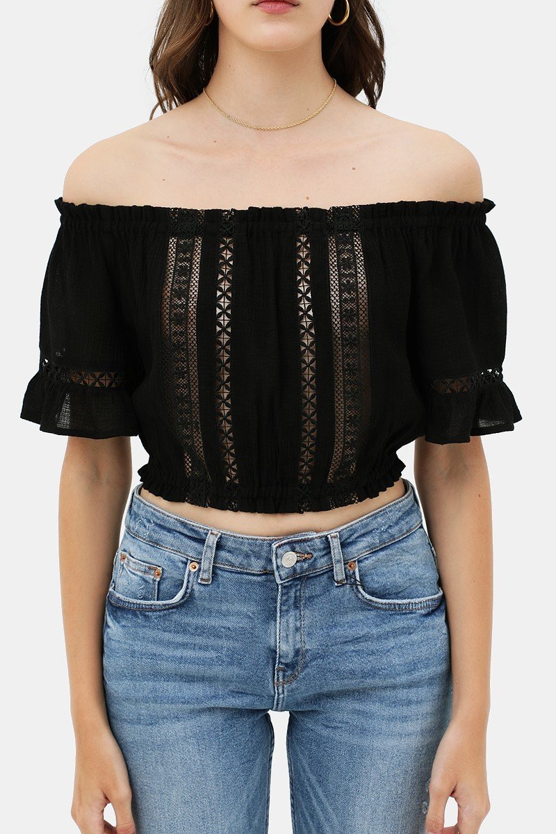 Black Lace Waist Band Sleeves Cropped Top with Trim On The Front