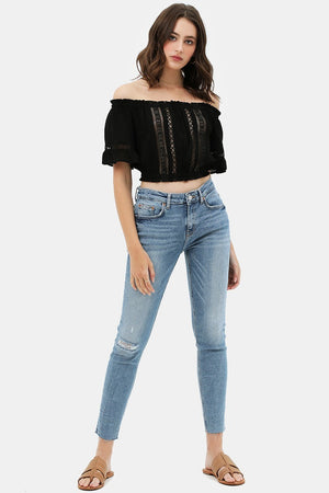 Black Lace Waist Band Sleeves Cropped Top with Trim On The Front