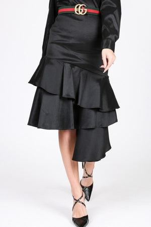 Black Asymmetrical Ruffle Bottom Satin Skirt