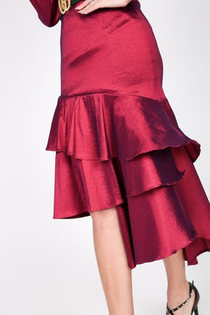 Red Asymmetrical Ruffle Bottom Satin Skirt