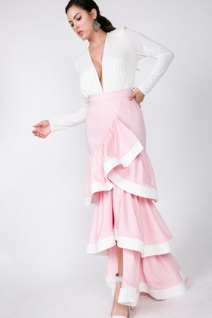 Rose Pink Contrast Hem Ruffle Layer Maxi Women's Skirt