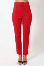 Red Women's Ankle Tapered Self-fabric Buckle Belt Pants