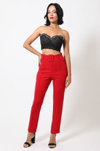 Red Women's Ankle Tapered Self-fabric Buckle Belt Pants
