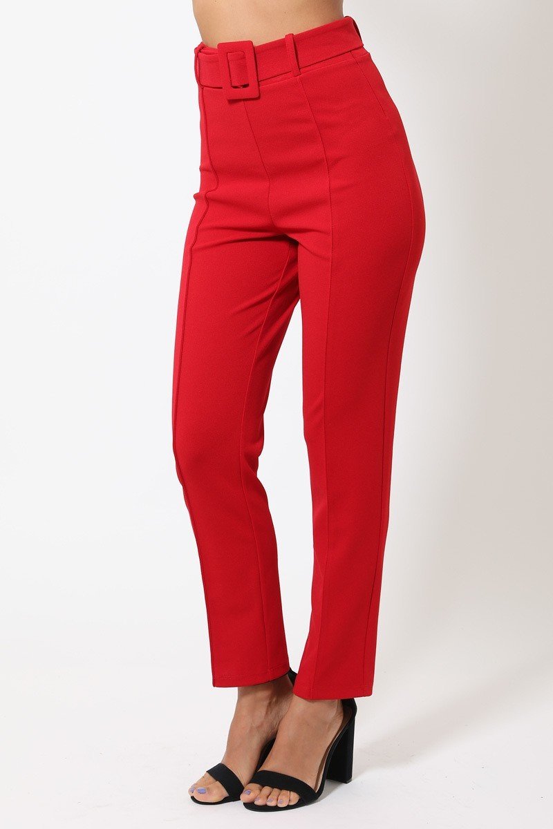 Red Women's Ankle Tapered Self-fabric Buckle Belt Pants