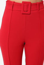 Red Women's Ankle Tapered Self-fabric Buckle Belt Pants