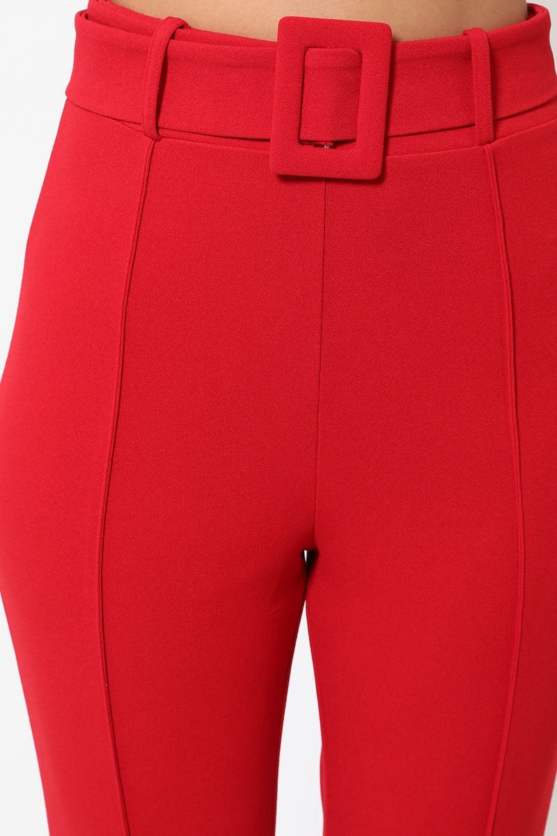 Red Women's Ankle Tapered Self-fabric Buckle Belt Pants