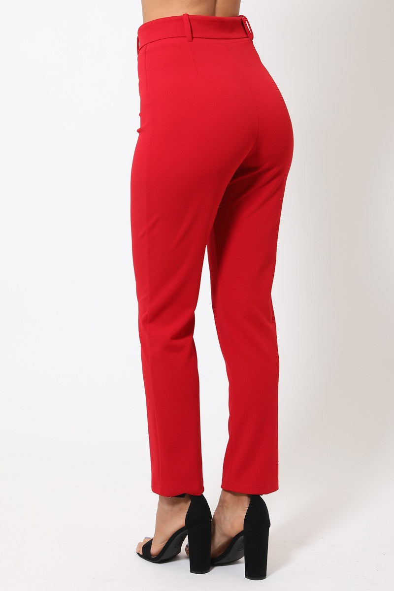 Red Women's Ankle Tapered Self-fabric Buckle Belt Pants