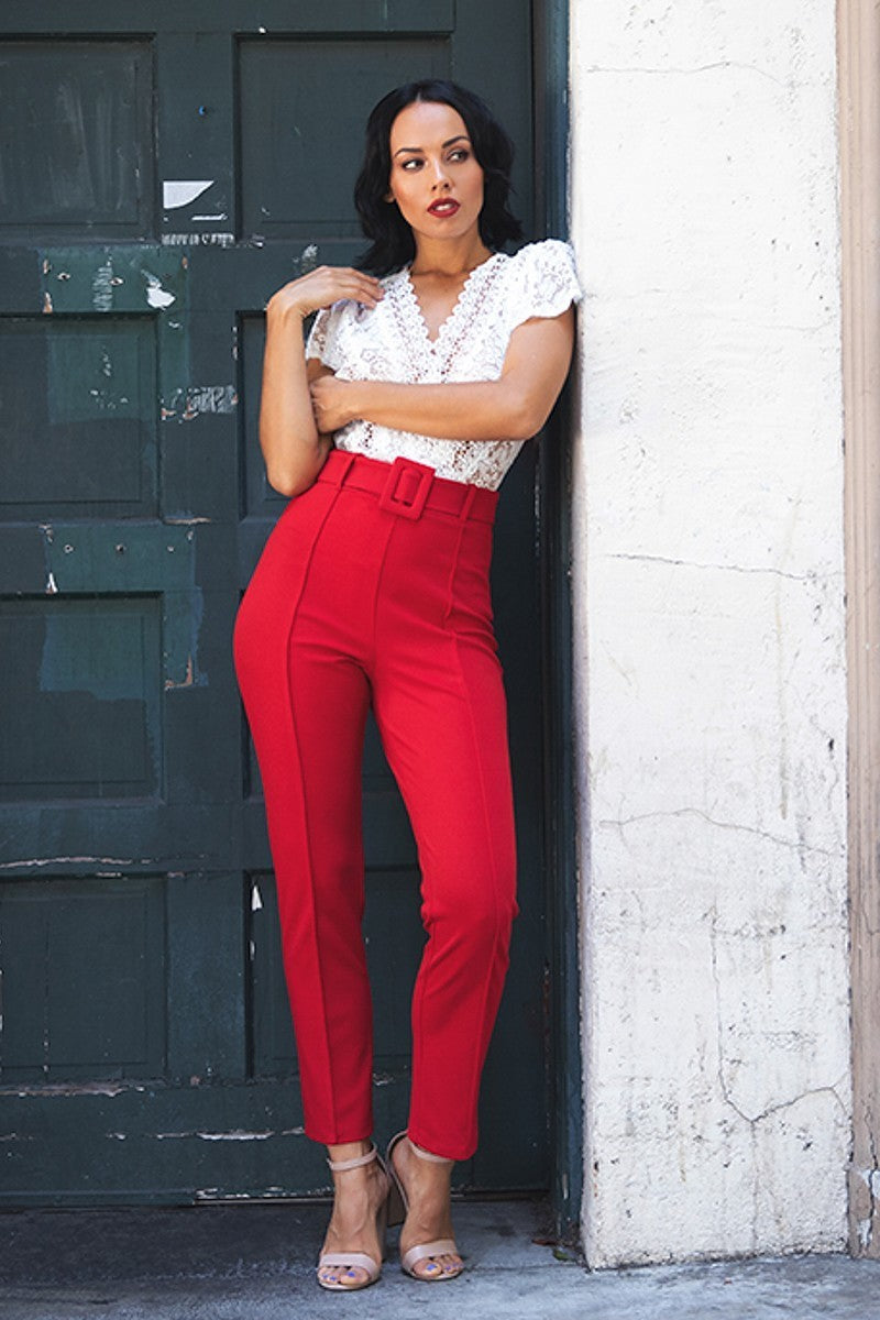 Red Women's Ankle Tapered Self-fabric Buckle Belt Pants
