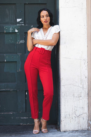 Red Women's Ankle Tapered Self-fabric Buckle Belt Pants