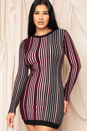 Pink & Green Multi-color Striped Ribbed Dress