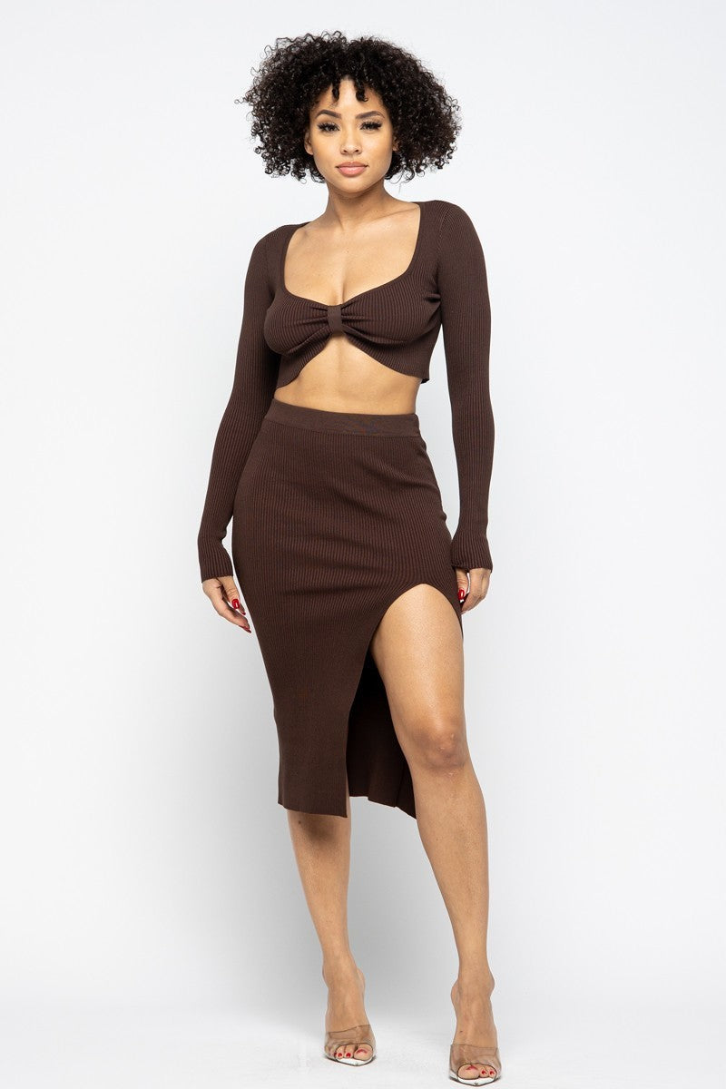 Chocolate High Slit Women's Skirt Set