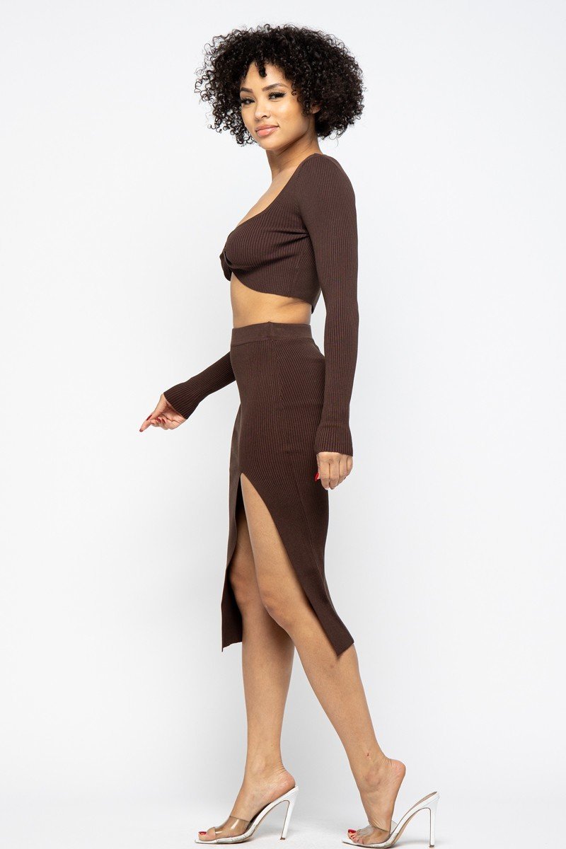 Chocolate High Slit Women's Skirt Set