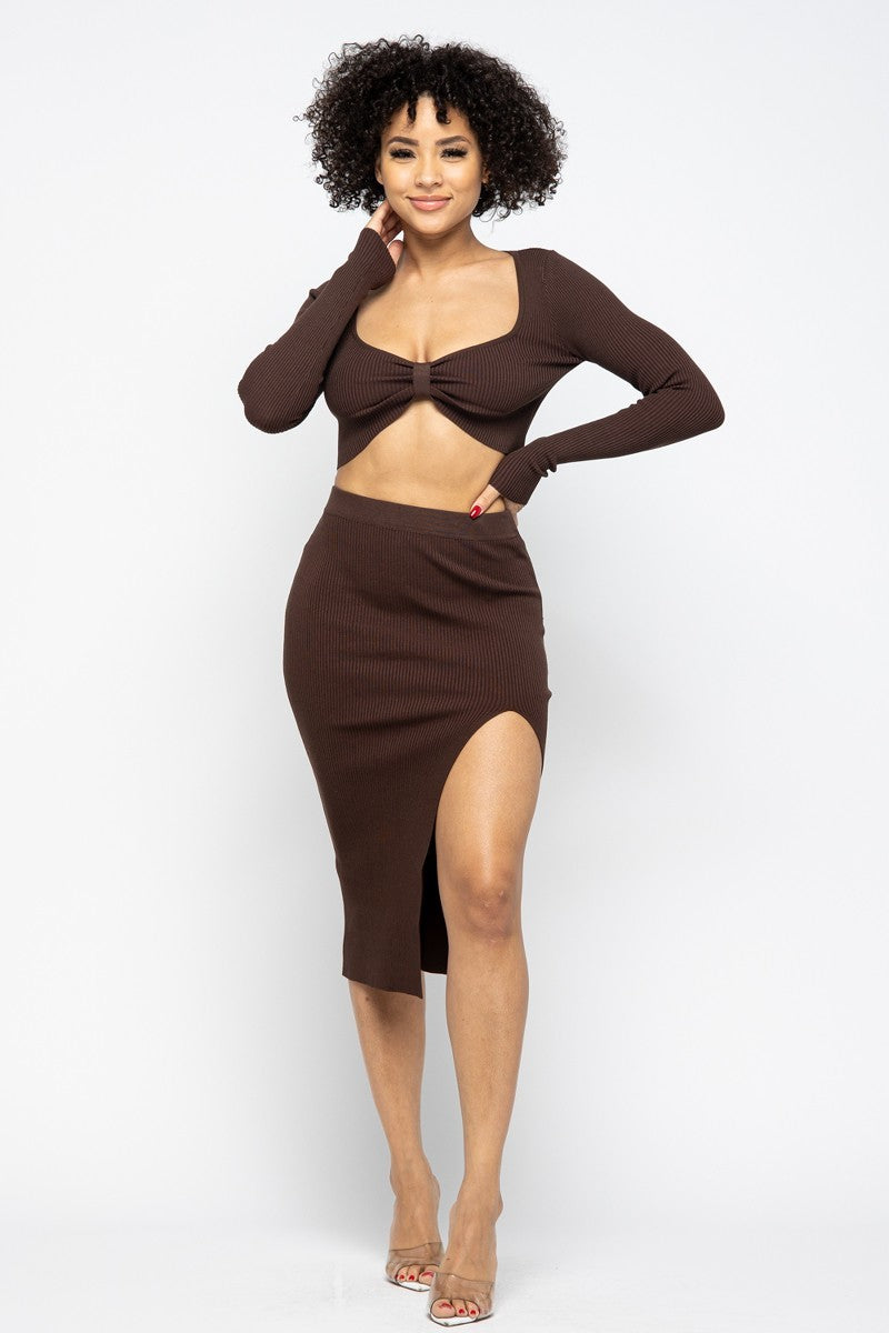 Chocolate High Slit Women's Skirt Set