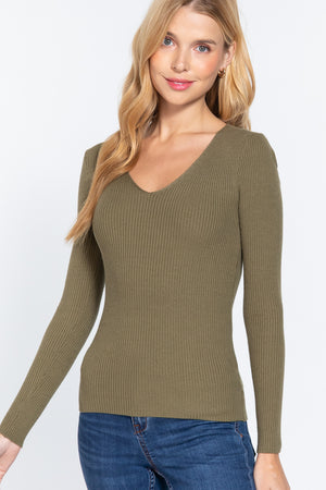 Green V-neck Viscose Rib Sweater