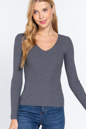 Grey V-neck Viscose Rib Sweater