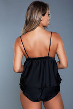 Black 2 Pc Satin Cami Set Women's Mini Shorts With Plunging Neckline Top