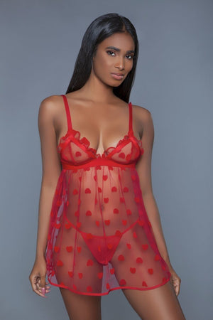 Red 1 Piece Fine Mesh Heart Designed Women's Slip Dress