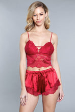 Red 2 Piece Adjustable Straps & Satin With Inseam Lace Women's Shorts