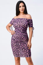 Purple Leopard Print Off Shoulder Shirring Bodycon Dress