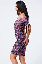 Purple Leopard Print Off Shoulder Shirring Bodycon Dress