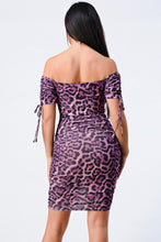 Purple Leopard Print Off Shoulder Shirring Bodycon Dress