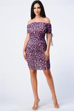 Purple Leopard Print Off Shoulder Shirring Bodycon Dress