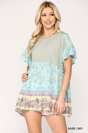 Sage Dot & Floral Print Mixed Ruffle Top With Back Keyhole