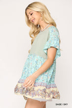 Sage Dot & Floral Print Mixed Ruffle Top With Back Keyhole