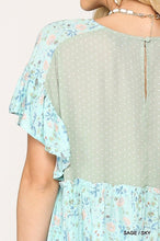 Sage Dot & Floral Print Mixed Ruffle Top With Back Keyhole