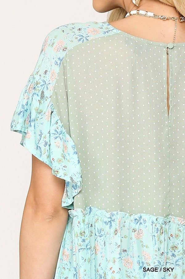 Sage Dot & Floral Print Mixed Ruffle Top With Back Keyhole