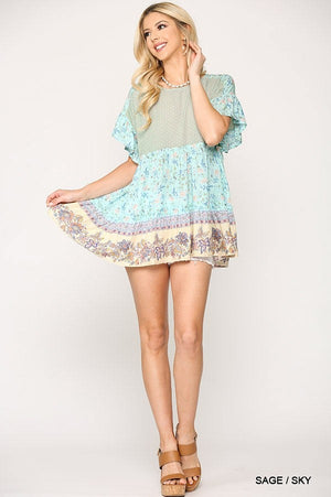 Sage Dot & Floral Print Mixed Ruffle Top With Back Keyhole